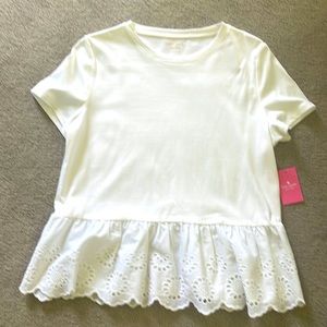 NWT Kate Spade New York Fresh White Mixed-Media T-shirt with Eyelet Ruffle